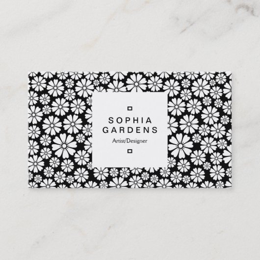 Étiquette carré 03a - 8 Pétales - Blanc sur Noir (Devant)