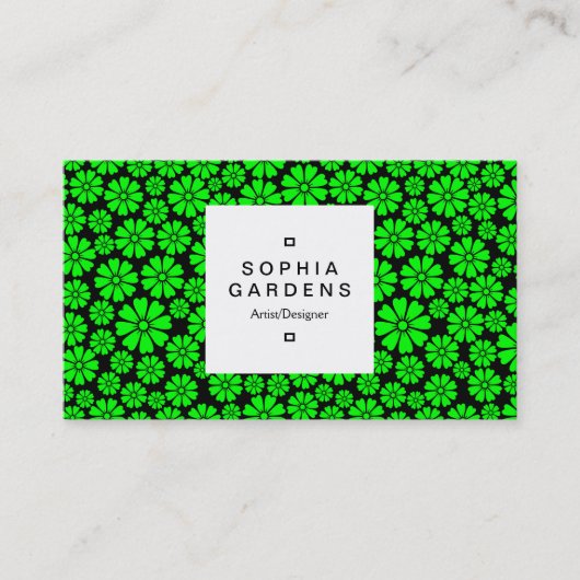 Étiquette carré 03a - 8 Pétales - Vert sur Noir (Devant)