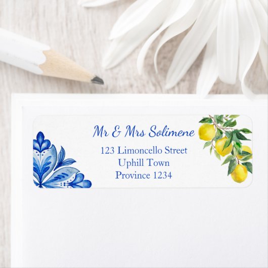 Étiquette Carreaux bleus citrons italiens (En situation)