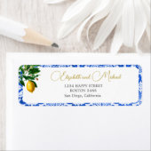 Étiquette Carrelage bleu blanc citron élégant Mariage modern (En situation)