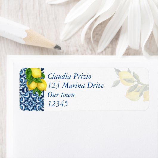 Étiquette Carrelage bleu et citron Amalfi Positano adresse d (En situation)