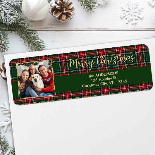 Étiquette Carte de retour Gold Plaid pour Noël moderne