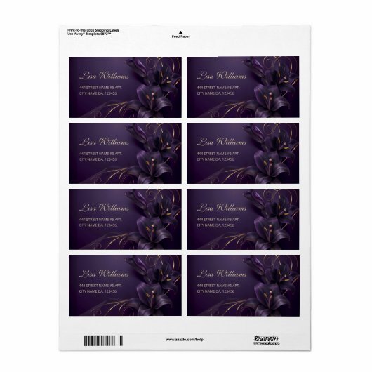 Étiquette Carte de visite Luxe Fleurs 3D Lys Violets (Feuille entière)