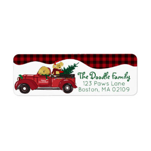 Étiquette Cartoon Goldendoodles Red Christmas Truck