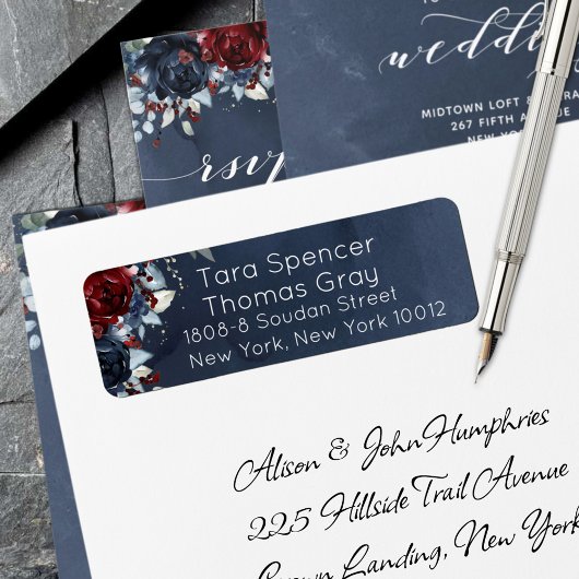 Étiquette Cascading Peony Burgundy Navy Adresse de retour