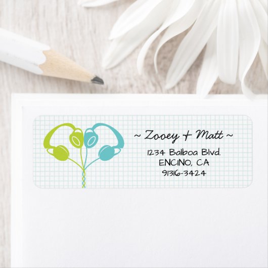 Étiquette Casque Retro Indie Mariage Coeur Lime Blue (En situation)