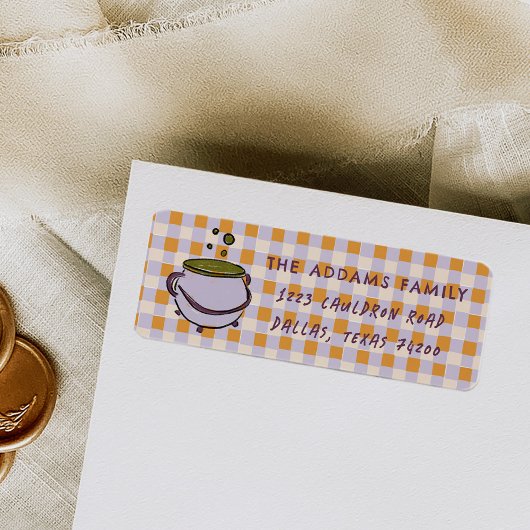 Étiquette Cauldron À damiers Halloween Adresse de retour