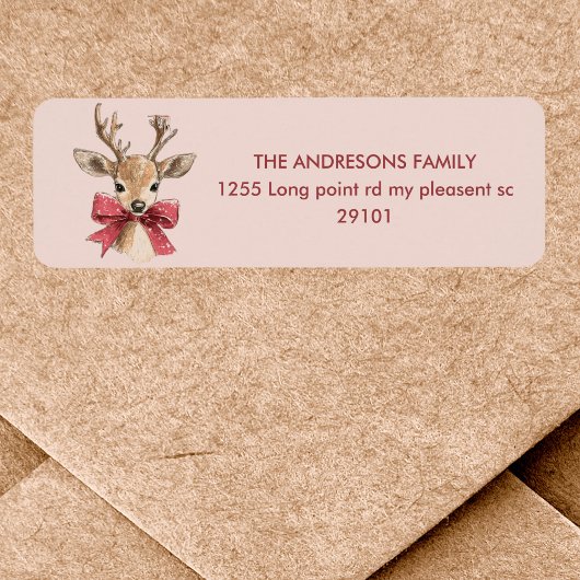 Étiquette Cerf mignon avec Bow rouge | Noël rose