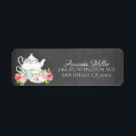 Étiquette Chalkboard Aquarelle Florale Fête des mariées de t<br><div class="desc">Joli pot de thé et tasses de thé vintages et fleuris roses sur un arrière - plan de tableau noir, </div>