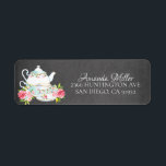 Étiquette Chalkboard Aquarelle Florale Fête des mariées de t<br><div class="desc">Joli pot de thé et tasses de thé vintages et fleuris roses sur un arrière - plan de tableau noir, </div>