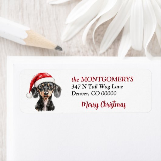 Étiquette Chapeau de Père Noël Dachshund Adresse de Retour d (En situation)