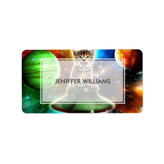 Étiquette Chat Alien dans la soucoupe de l'ufo (Devant)