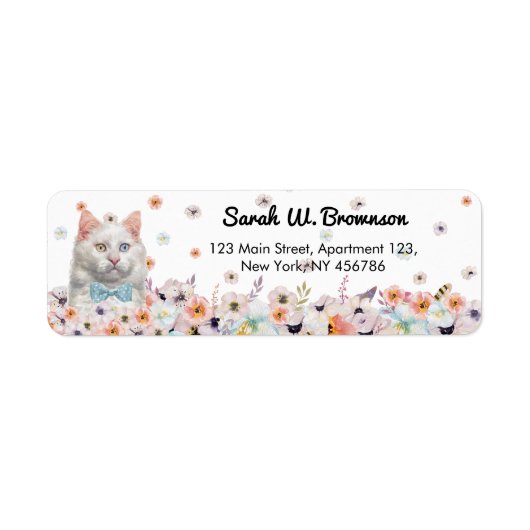 Étiquette Chat Blanc Fleurs Nœud Papillon Bleu (Devant)