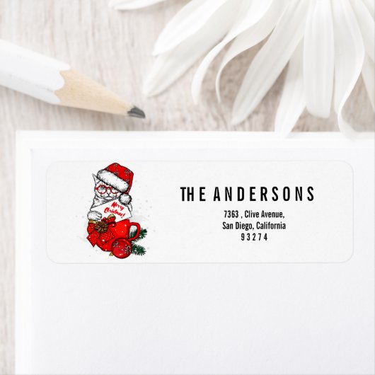 Étiquette Chat blanc mignon Joyeux Noël (En situation)