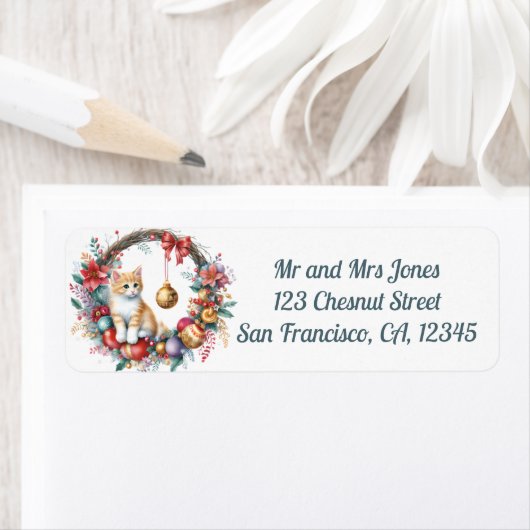 Étiquette Chat dans une couronne florale de Noël 2- Adresse  (En situation)