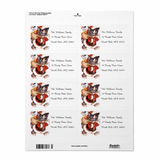 Étiquette chat de Noël rétro (Feuille entière)