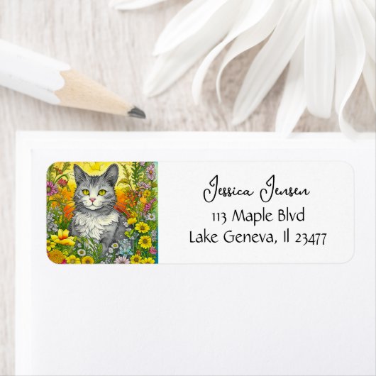 Étiquette Chat et Fleurs Whimsical (En situation)