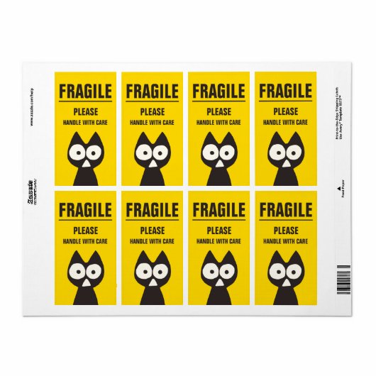 Étiquette CHAT FRAGILE JAUNE Triangle Noir (Feuille entière)