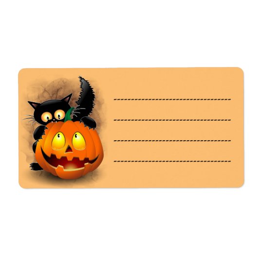 Étiquette Chat Fun Halloween Caractère mordant un Citrouille (Devant)