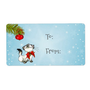 Étiquette Chat Kitty En Jeu Dans Une Bow De Noël Rouge