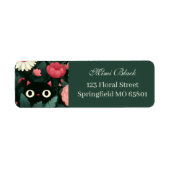 Étiquette Chat Noir Caché Dans Une Fleur Rose Sur Fond Vert (Devant)