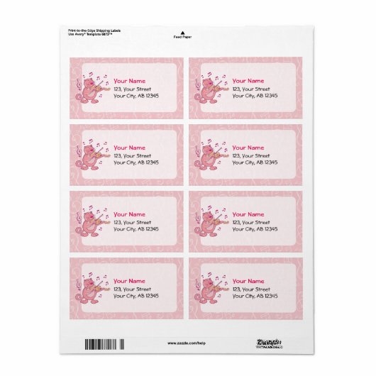 Étiquette Chat rose avec Violon (Feuille entière)