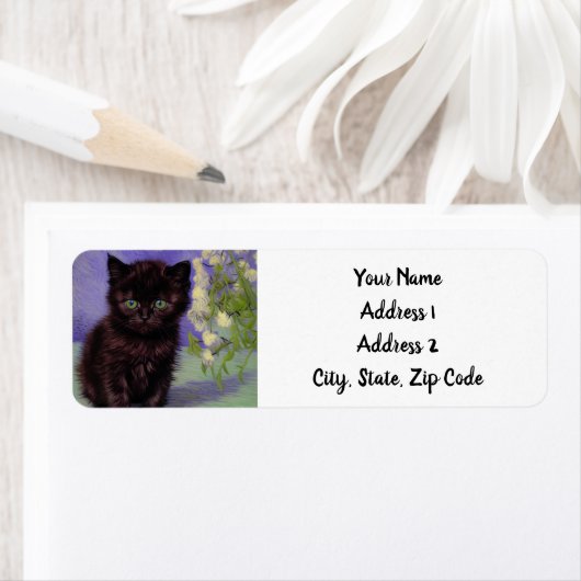 Étiquette Chat Van Gogh avec fleurs blanches (En situation)