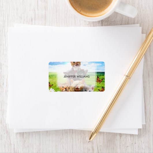 Étiquette Chatons amusants dans le champ vert. (En situation)