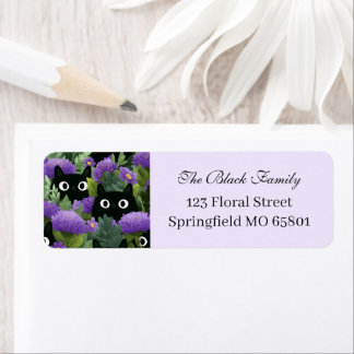 Étiquette Chats noirs dans un jardin de fleurs violettes Adr