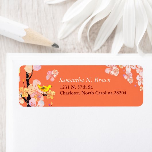 Étiquette Cherry Blossom Bird Orange Adresse (En situation)