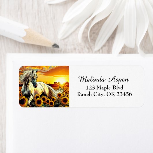 Étiquette Cheval blanc dans le champ des tournesols au couch (En situation)