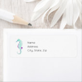 Étiquette Cheval de mer turquoise et violet (En situation)