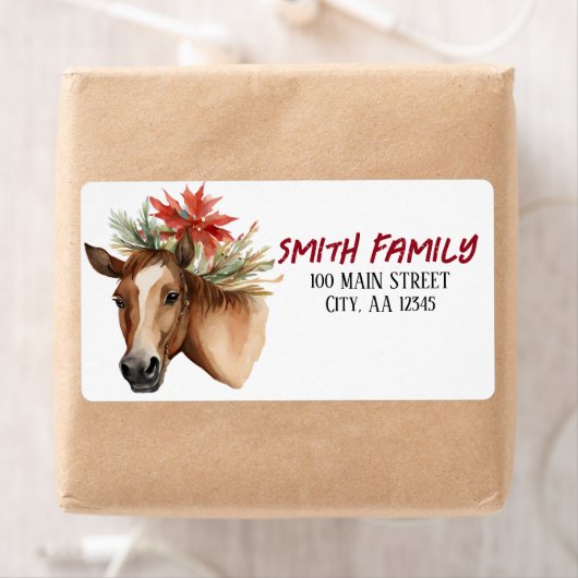 Étiquette Cheval de Noël en aquarelle (En situation)