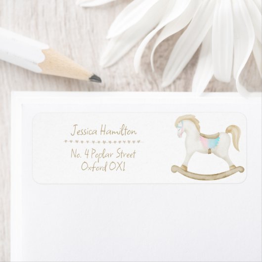 Étiquette Cheval Rocher bleu rose Baby shower neutre pour le (En situation)