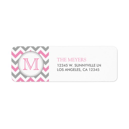 Étiquette Chevron moderne rose et gris avec Monogramme (Devant)