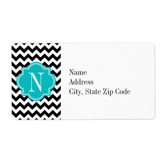 Étiquette Chevron noir et blanc avec Monogramme Turquoise