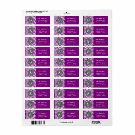 Étiquette Chevron Zigzag pour un monogramme blanc violet uni (Feuille entière)