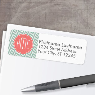 Étiquette Chevrons à la menthe et au corail Monogramme perso