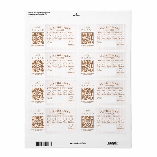 Étiquette Chic Bakery Logo Allergy Alert Baked Goods QR Code (Feuille entière)