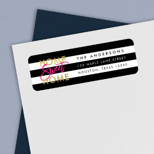 Étiquette Chic Black & White Stripes Gold Home Sweet Home