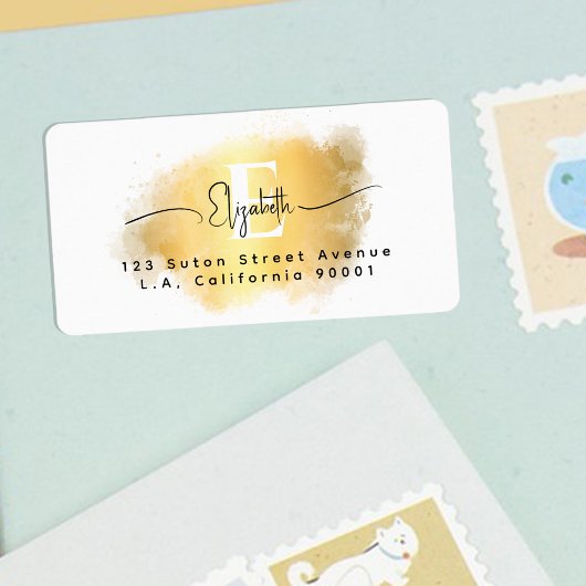 Étiquette Chic Brush Stroke Or Blanc Monogramme Noir Script