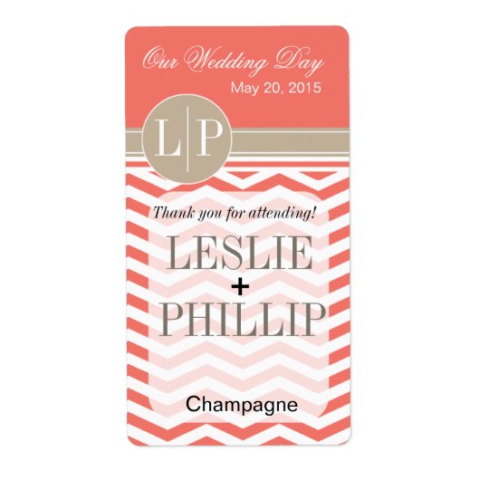 Étiquette Chic Chevron Monogramme | corail Vin/Champagne Éti (Devant)