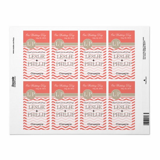 Étiquette Chic Chevron Monogramme | corail Vin/Champagne Éti (Feuille entière)