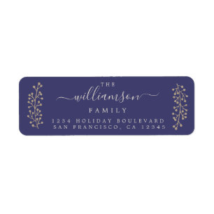 Étiquette Chic Gold Sprig Blue Christmas Adresse de retour