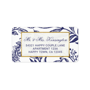 Étiquette Chic Navy Blue Gold Botanical Mariage Adresse