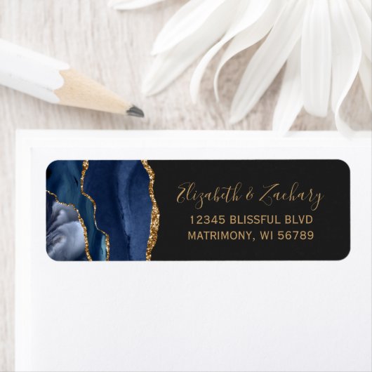 Étiquette Chic Navy Blue Gold Dark Mariage Adresse de retour (En situation)
