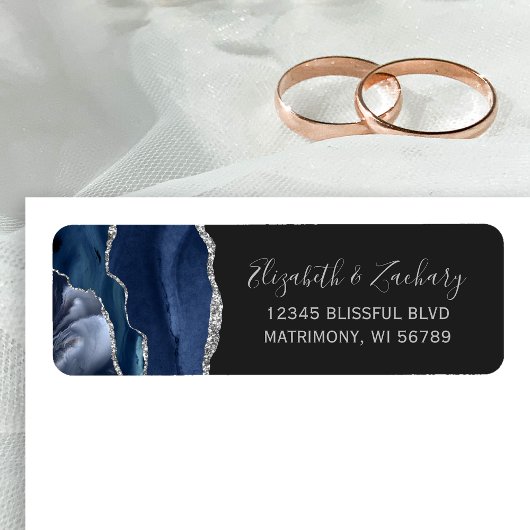 Étiquette Chic Navy Blue Silver Dark Mariage Adresse de reto