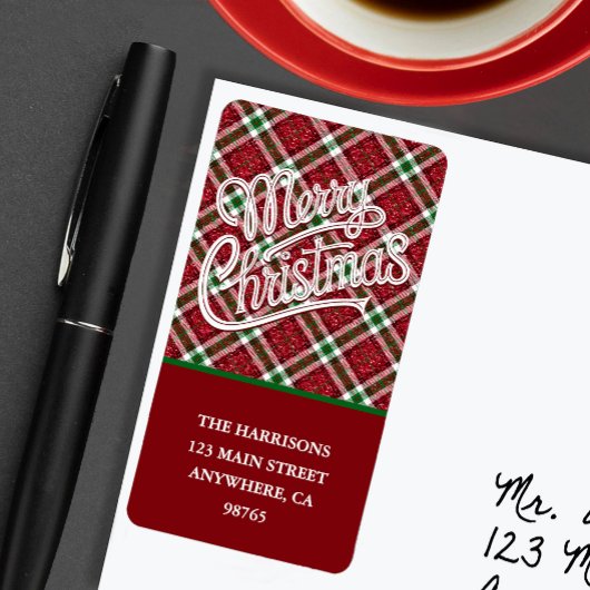 Étiquette Chic Plaid Pailleté Joyeux Noël Adresse de Retour