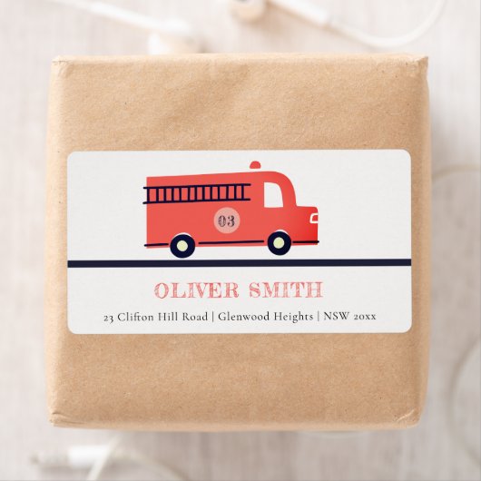 Étiquette Chic Red Navy Fire Truck Engine Anniversaire Adres (En situation)