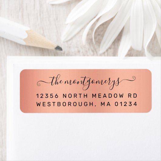 Étiquette Chic Rose Gold Black Script Metal Adresse de retou (En situation)